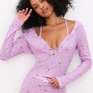 For Love & Lemons Purple Rose & Bow Long Sleeve Pajama Top